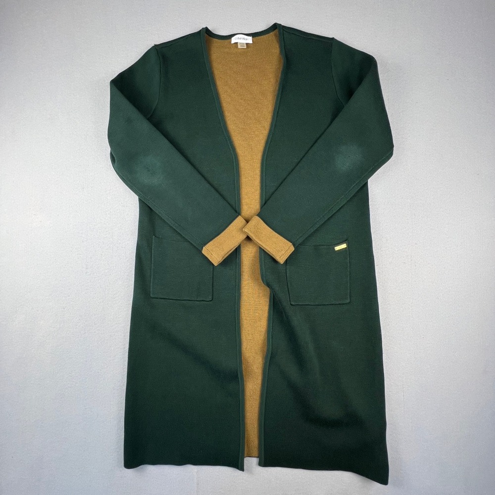 Calvin Klein Cardigan Women Medium Green Longline Open Front Duster Knit Pockets